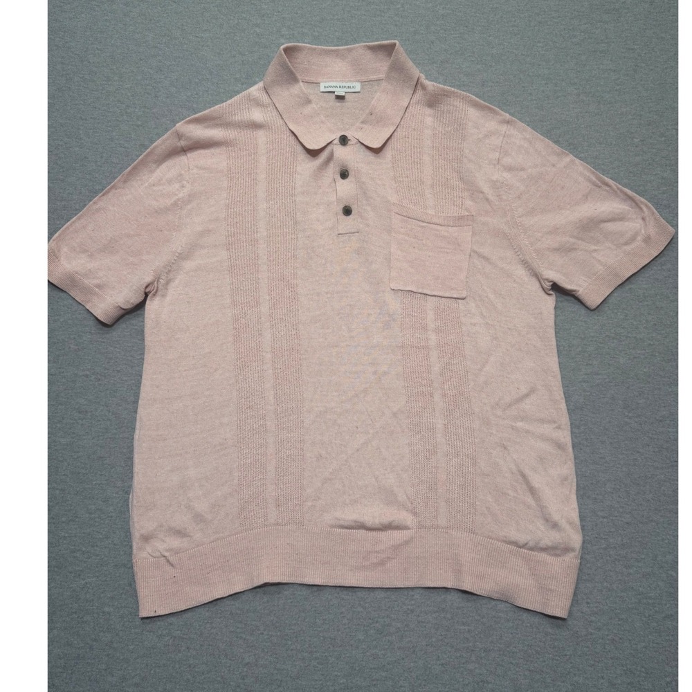 Banana Republic Mens XL Pink Linen Cotton Knit Polo Shirt Pointelle 671611-04